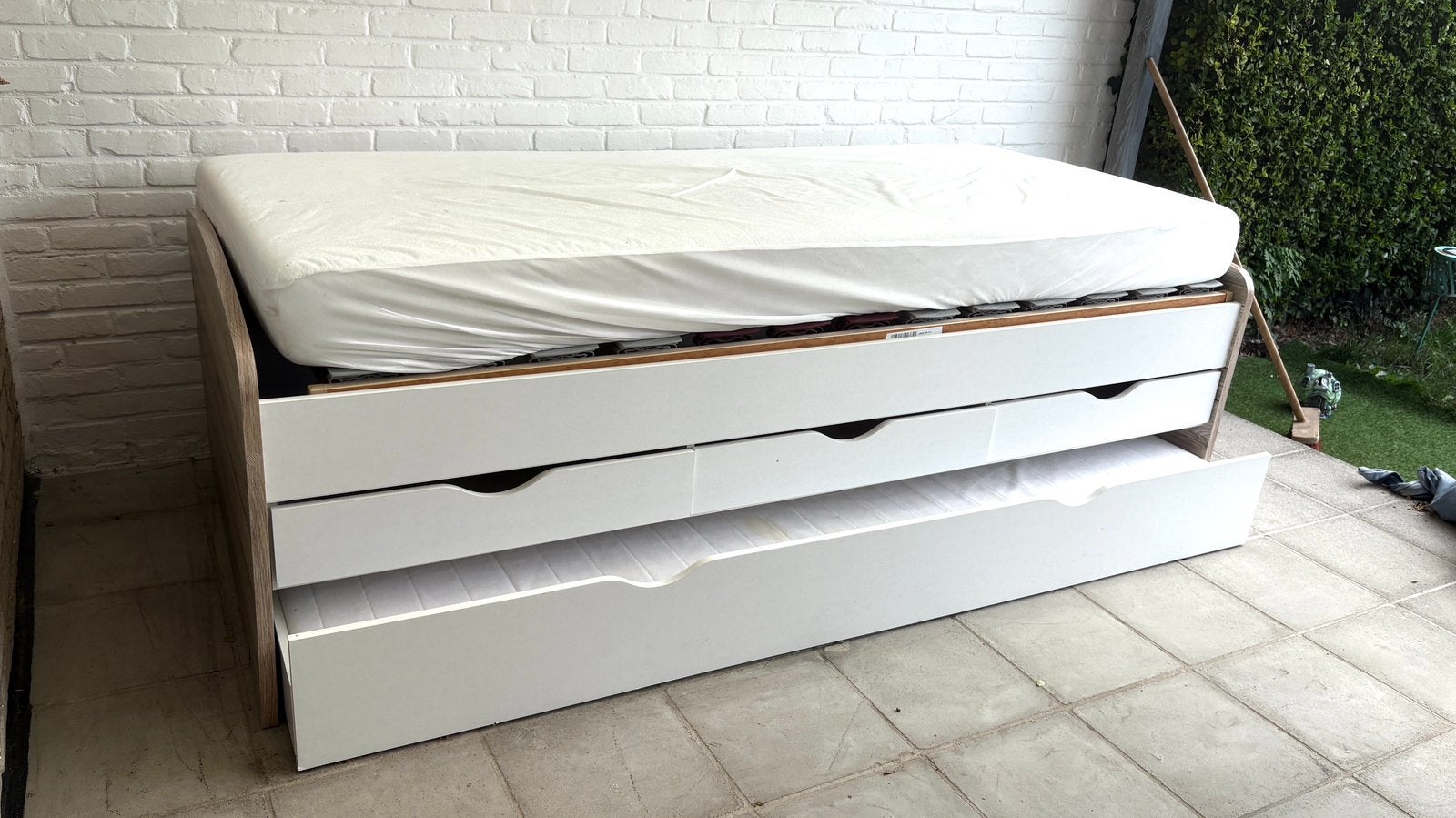 Multifunctionele bed met opbergruimtes, Ophalen, Eenpersoons, Wit, Zo goed als nieuw