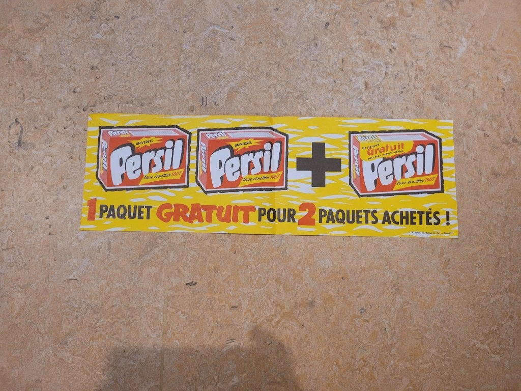 Oude advertentie van Delhaize Persil, Verzamelen, Ophalen of Verzenden, Gebruikt, Reclamebord