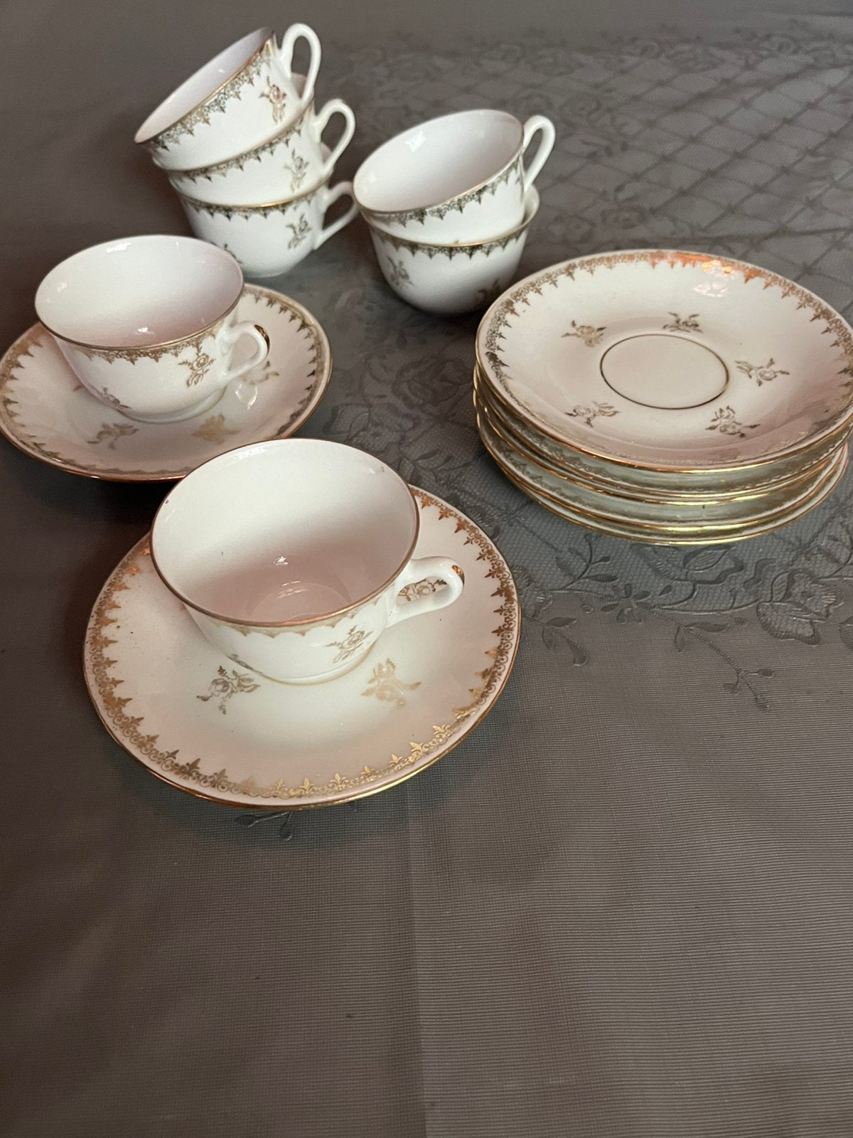 7x Antieke Porseleinen Limoges Kop en Schotel - La Gazelle, Antiek en Kunst, Antiek | Servies compleet, Ophalen of Verzenden