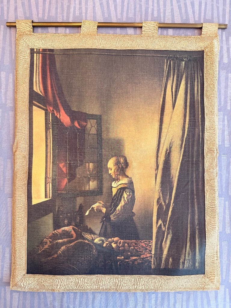 Vintage gobelin wandkleed Johannes Vermeer (62x47,5 cm), Vintage, Ophalen, Beige, Wandkleed