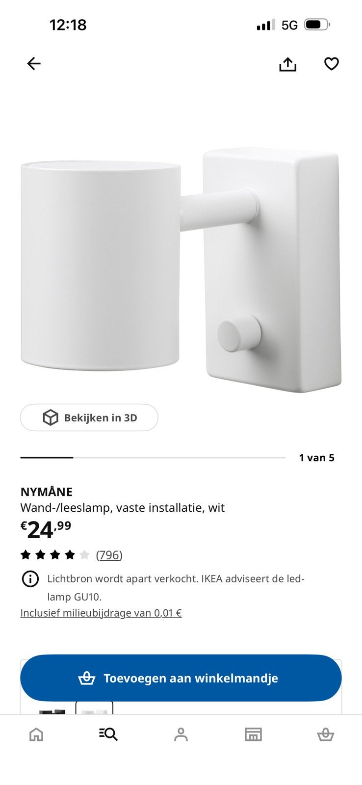 Ikea Nymane wandlamp, Ophalen, Zo goed als nieuw