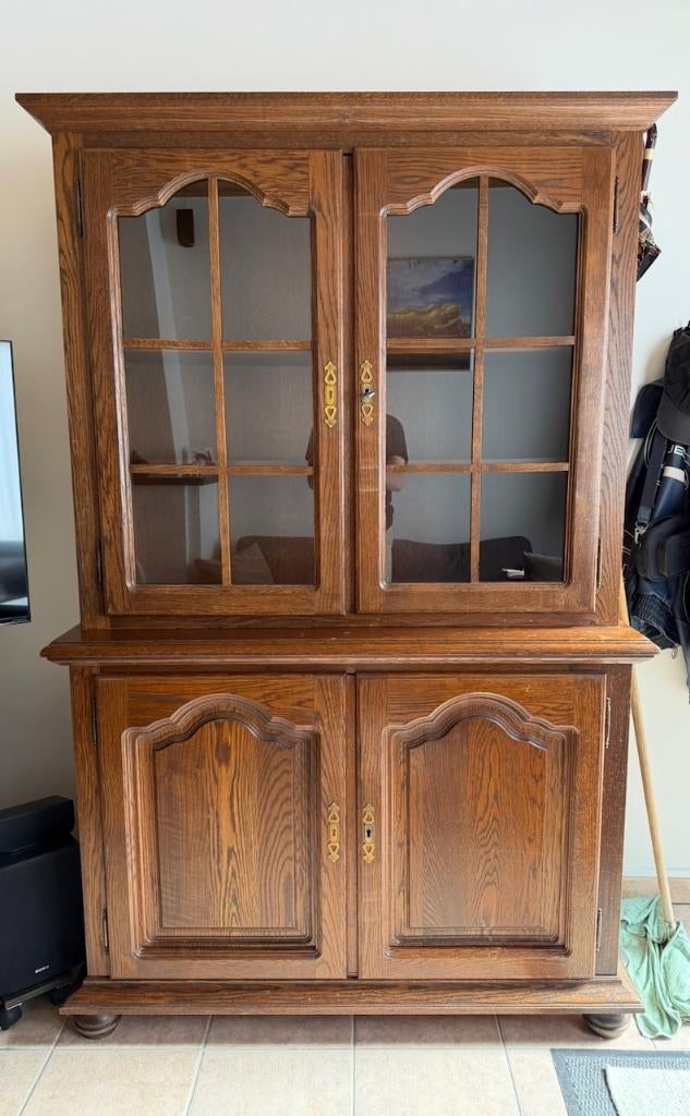 Massief eiken vitrinekast + buffetkast | Vlaams ensemble, Huis en Inrichting, Kasten | Vitrinekasten, Ophalen, Gebruikt, 100 tot 150 cm