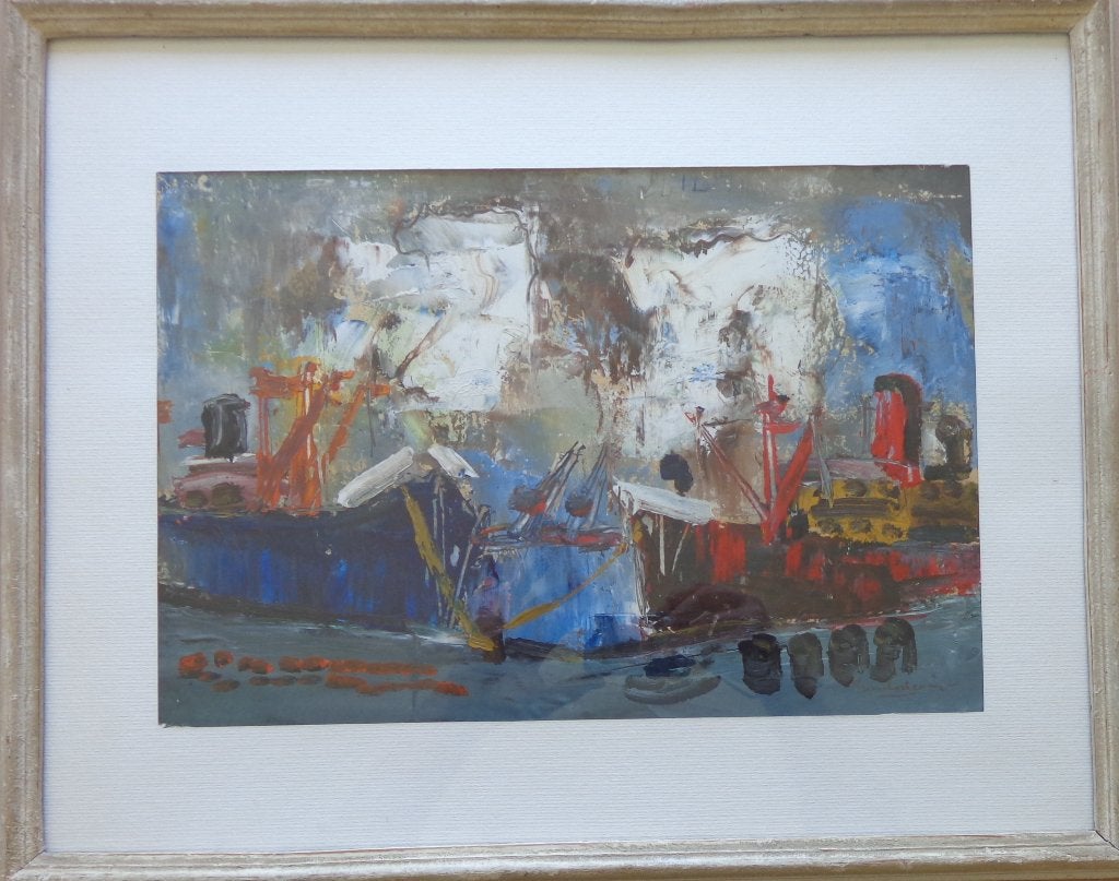 JACK GODDERIS / BOTEN IN HAVEN / OLIEVERF / 44x55cm / KADER, Enlèvement ou Envoi
