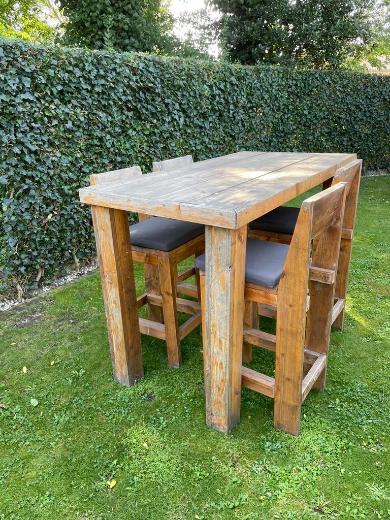 Hoge terras tafel met 4 barkrukken steigerhout, Tuin en Terras, Ophalen, Zo goed als nieuw, Steigerhout