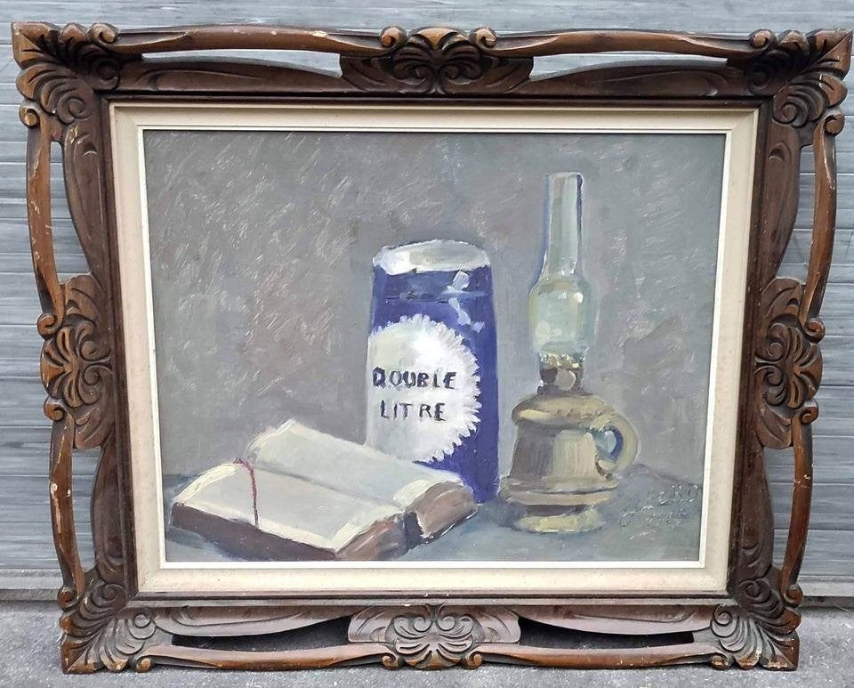 Huile sur toile nature morte signe j Ford, Antiquités & Art, Enlèvement ou Envoi, Nature morte, Toile