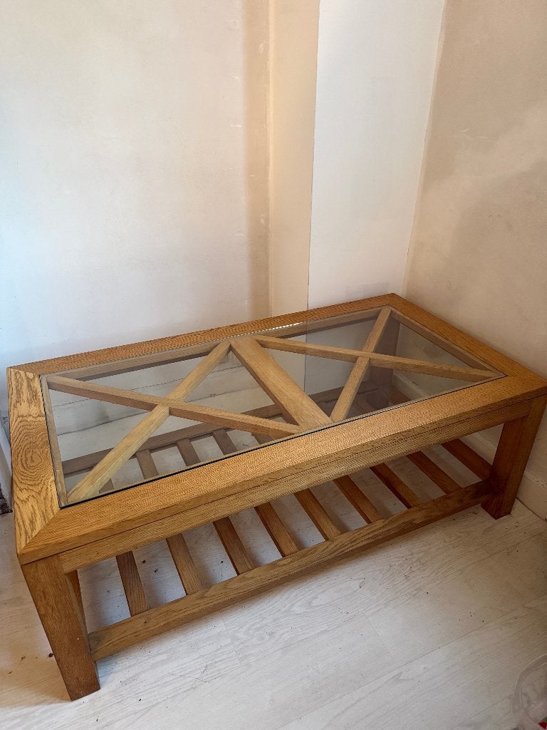 table basse en bois - carreau en verre, 100 à 150 cm, Chêne, Comme neuf, Enlèvement
