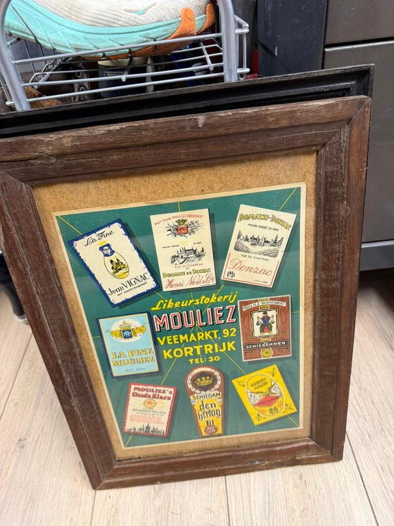 Vintage reclame kader – Mouliez likeurstokerij Kortrijk, Verzamelen, Merken en Reclamevoorwerpen, Ophalen, Gebruikt, Reclamebord