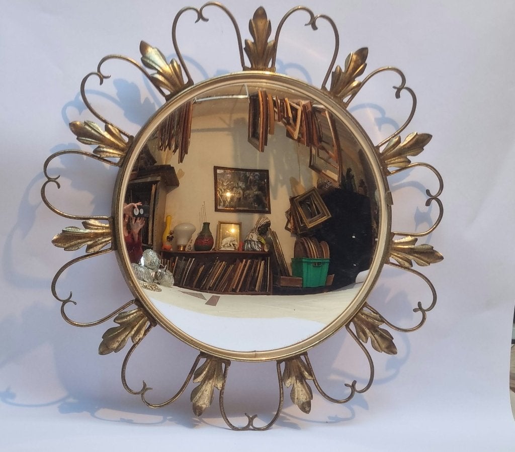 Vintage Witch Eye zonnespiegel jaren 50 verguld messing, Metaal, Gebruikt, 46 cm, Vintage