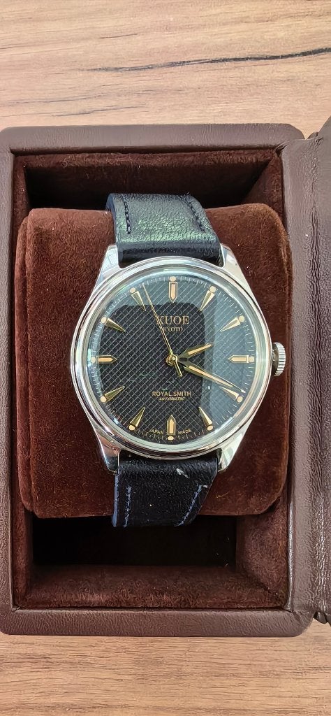 KUOE Kyoto RoyalSmith 90-006 BlackWaffle Dial 3 Premium Band, Leer, Staal, Polshorloge, Nieuw