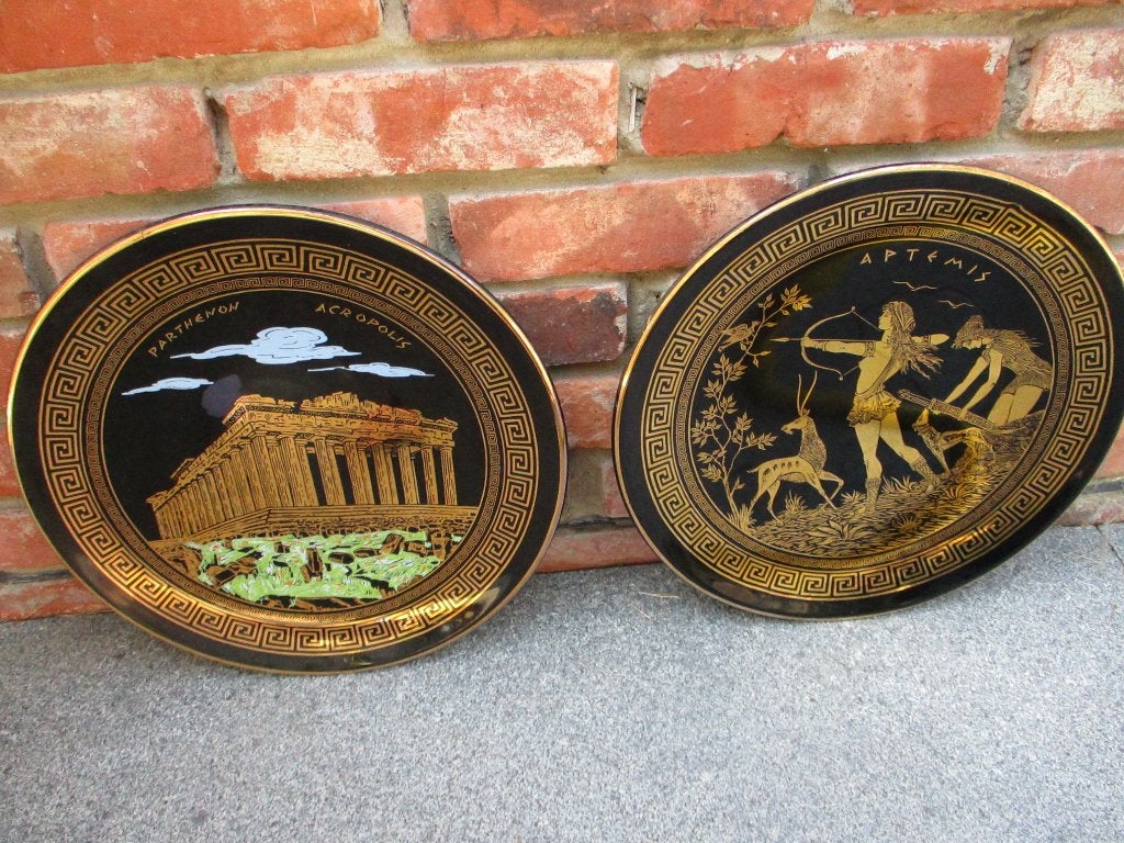 2 handmade griekse borden partheon artemis keramiek, Ophalen of Verzenden, Gebruikt, Overige typen