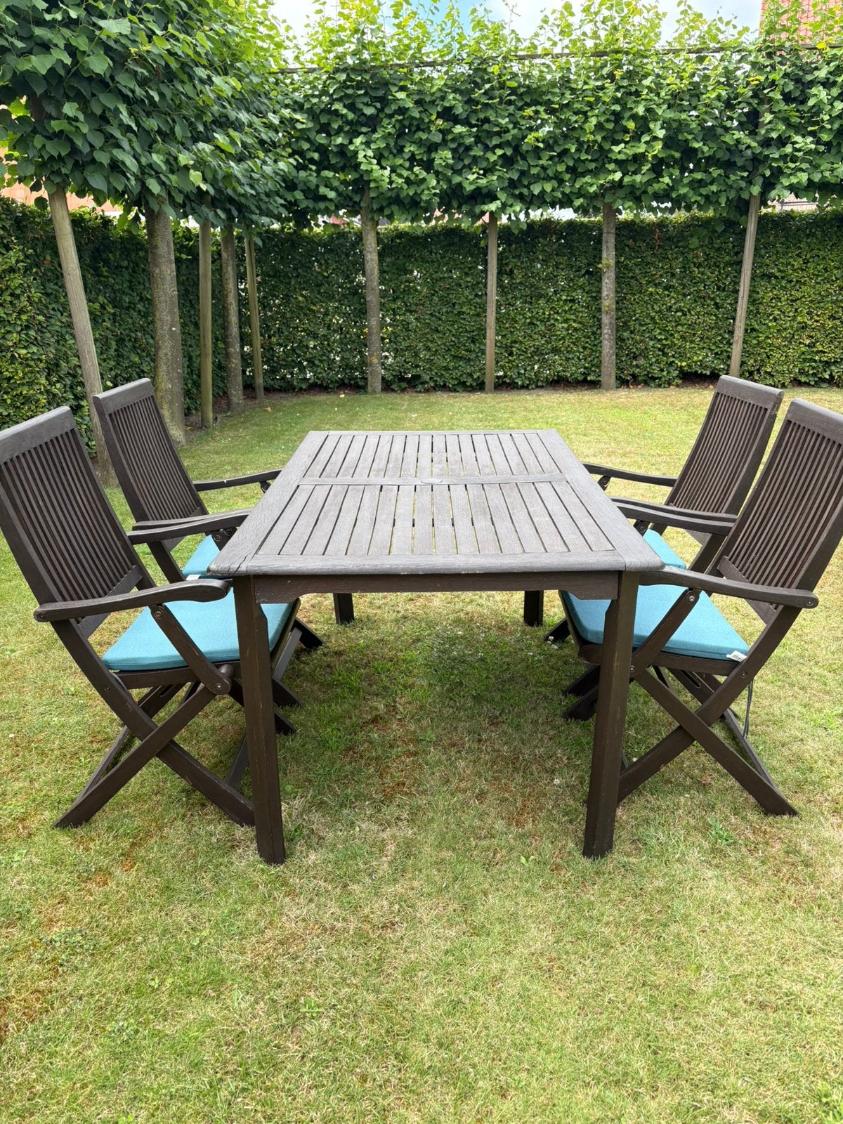 Teaken tuintafel en 4 klapstoelen, Tuin en Terras, Ophalen, Gebruikt