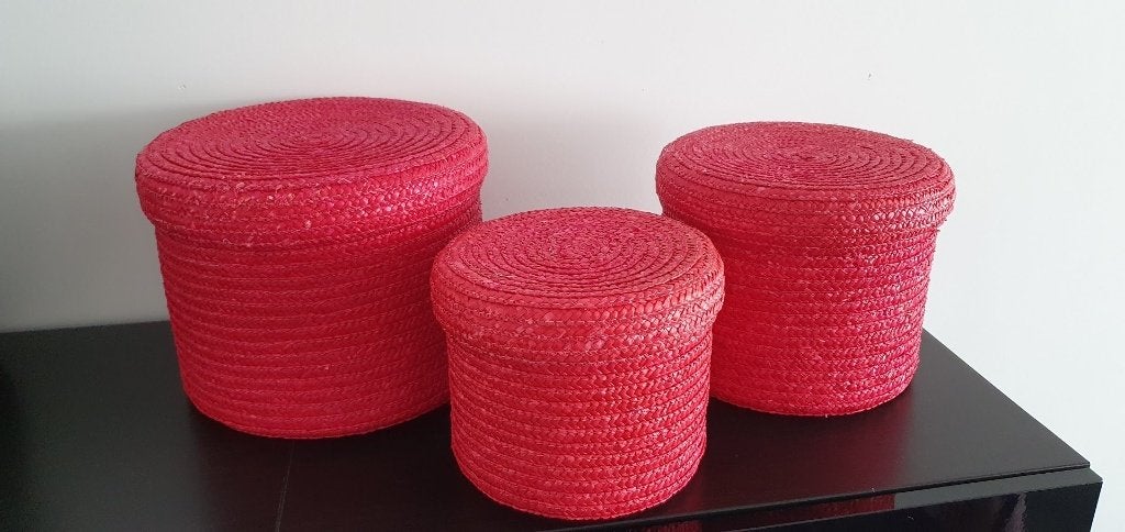 Lot de 3 paniers rouges de rangement avec couvercle, Maison & Meubles, Enlèvement, Comme neuf