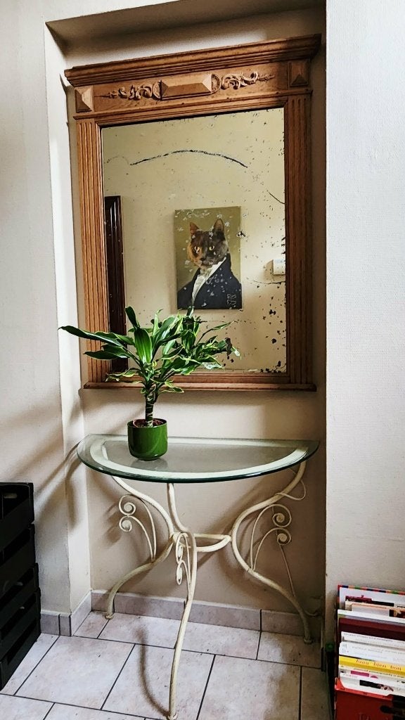 miroir sculpté 1900 avec tain d'origine + console métal, Enlèvement, Rectangulaire, 50 à 100 cm, 100 à 150 cm