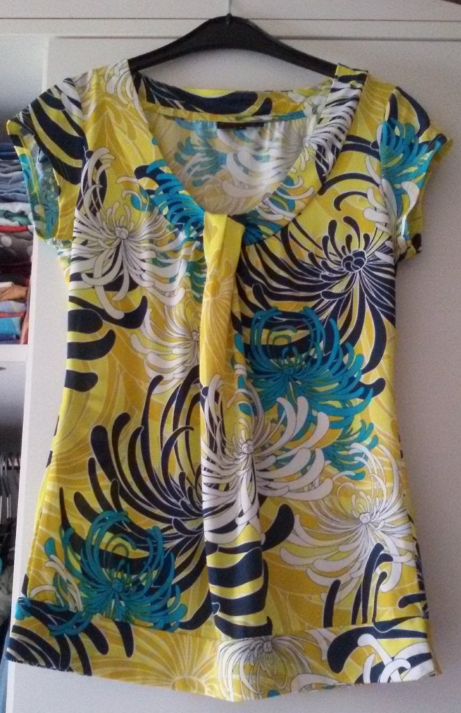Tshirt/chemisier - motif jaune/bleu - taille S - JBC - 1,00€, Jaune, Porté, Envoi, JBC