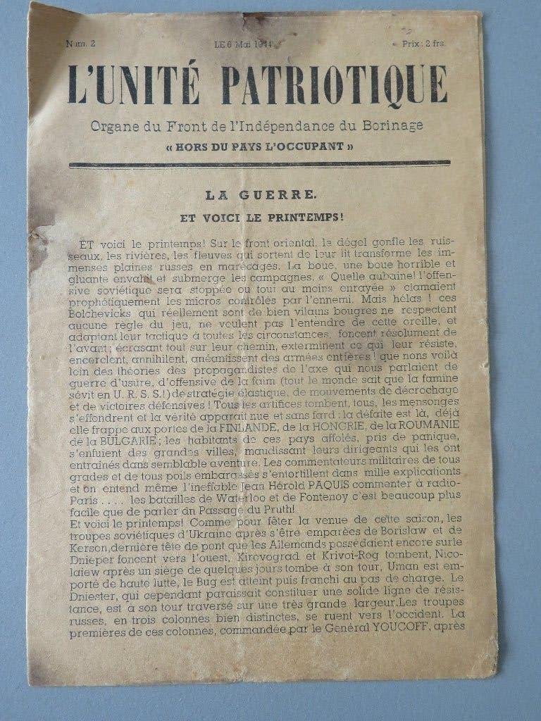 WO2 L,unité patriotique organe front l,indepandance Borinage, Envoi, Autres, Livre ou Revue