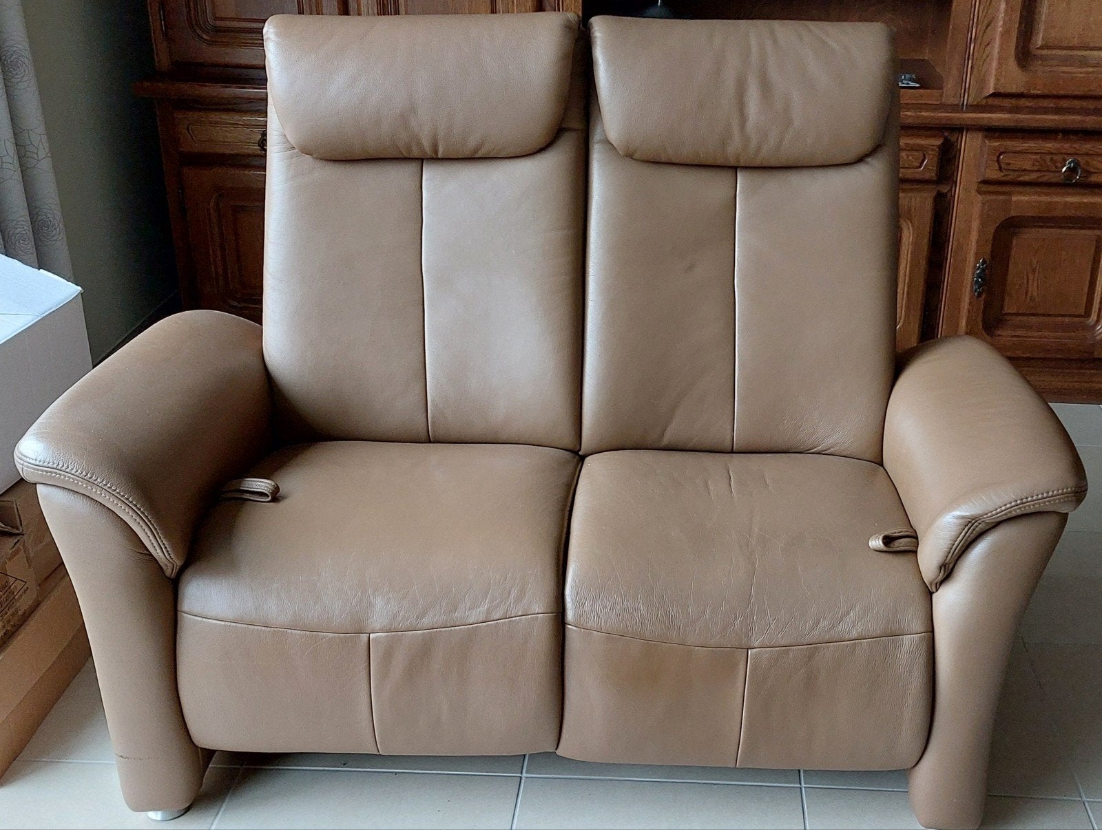 lederen salon 3zit en 2zit met dubbele relaxen rug en zit, Ophalen, Gebruikt, Leer, Rechte bank