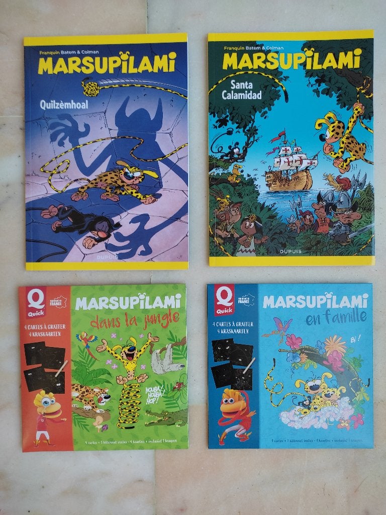 2 pochettes de 4 cartes à gratter + 2 bd Marsupilami., Neuf, Enlèvement ou Envoi, Série complète ou Série, Franquin Batem Greg