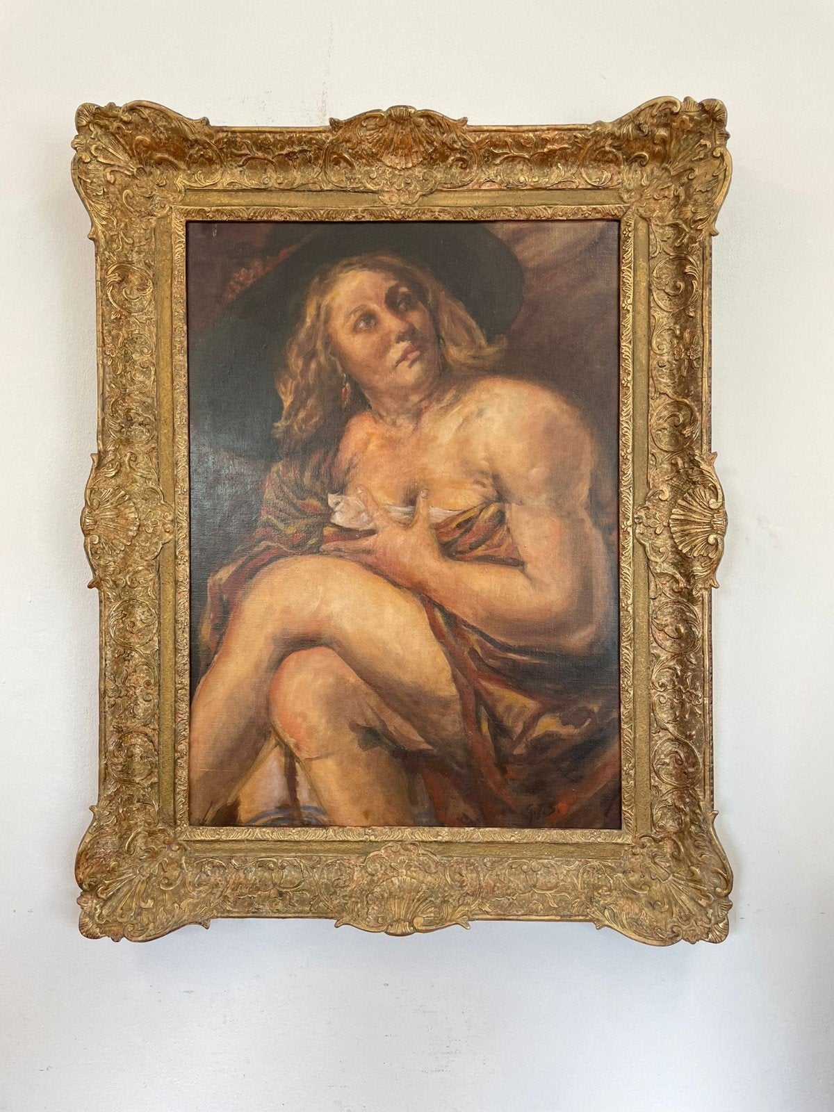 IMMENSE PEINTURE À L'HUILE G.j.s. - Portrait de femme nue, Antiquités & Art, Portrait ou Personnes, Encadré, Peinture à l'huile