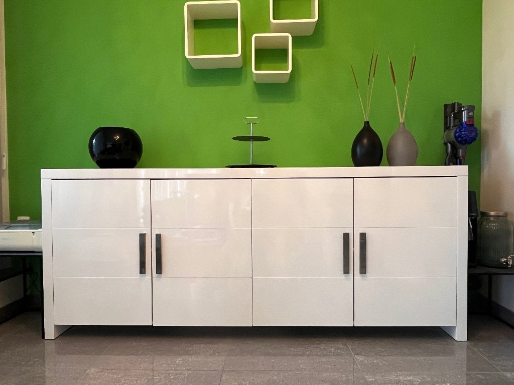 Witte hoogglans dressoir, Ophalen, 200 cm of meer, Modern, Overige houtsoorten
