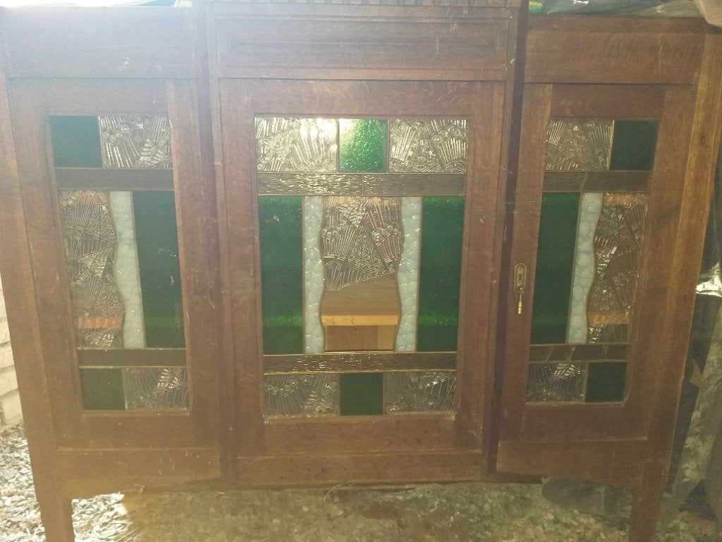 Drie meubeldeuren met glas-in-lood eikenhout, Antiek en Kunst, Ophalen