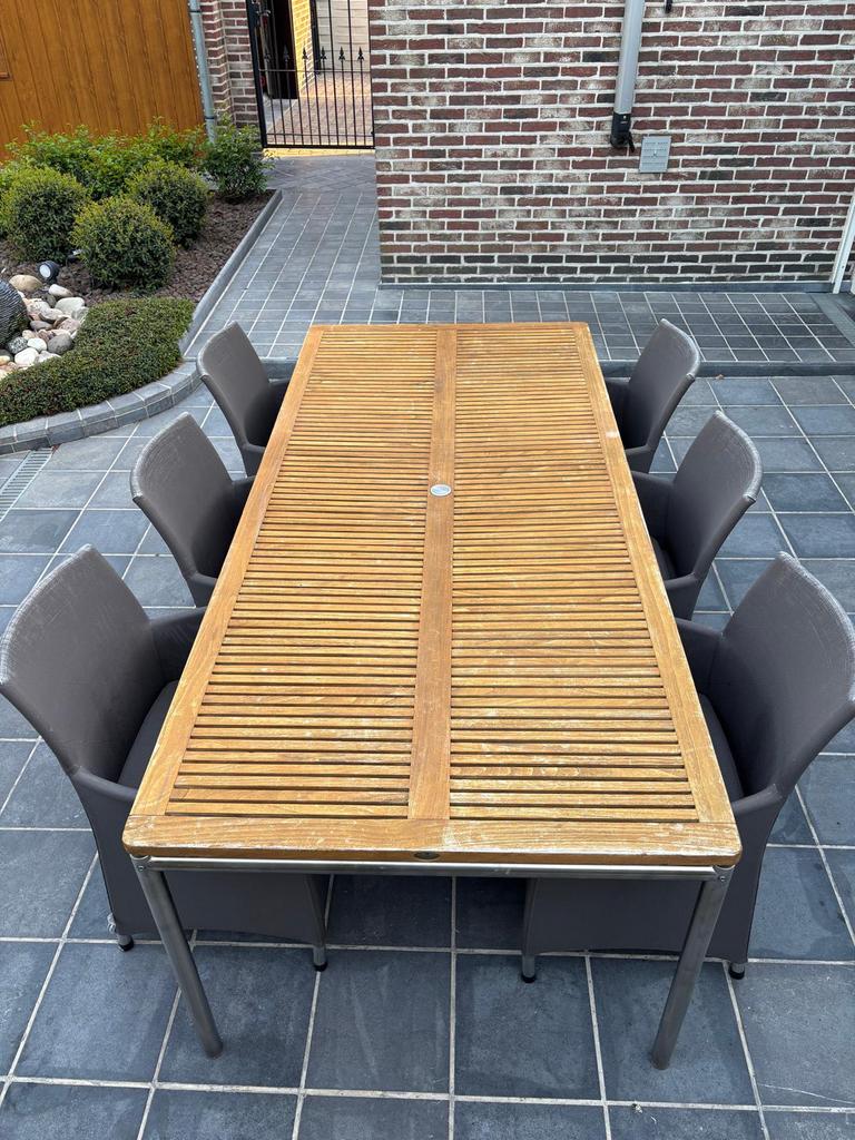 Teak tuintafel (Alexander Rose) met 6 stoelen, Ophalen, Gebruikt, 6 zitplaatsen, Tuinset