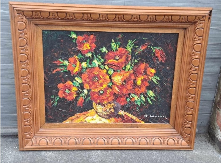 Huile sur panneau coquelicot signe Armand lacour, Antiquités & Art, Enlèvement ou Envoi, Panneau