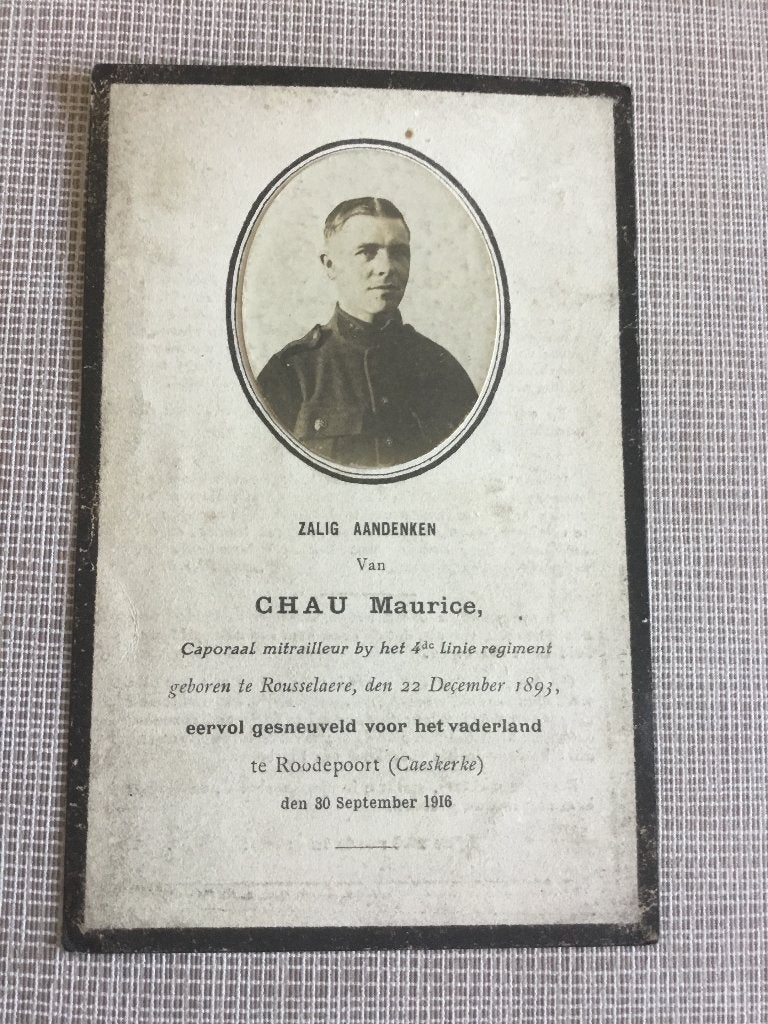 Soldaat M.Chau Roeselare gesneuveld 1916 Kaaskerke WOI, Verzamelen, Verzenden, Bidprentje