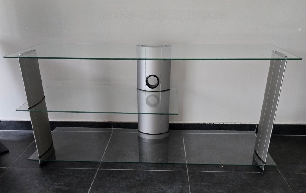 TV meubel met glazen leggers en verrijdbaar, Ophalen, 100 tot 150 cm, Minder dan 100 cm, 25 tot 50 cm