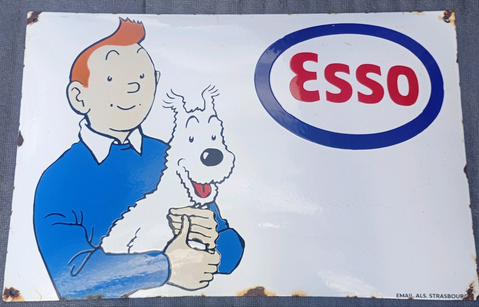 Emaille bord Kuifje Esso 60 x40, Ophalen, Gebruikt, Reclamebord