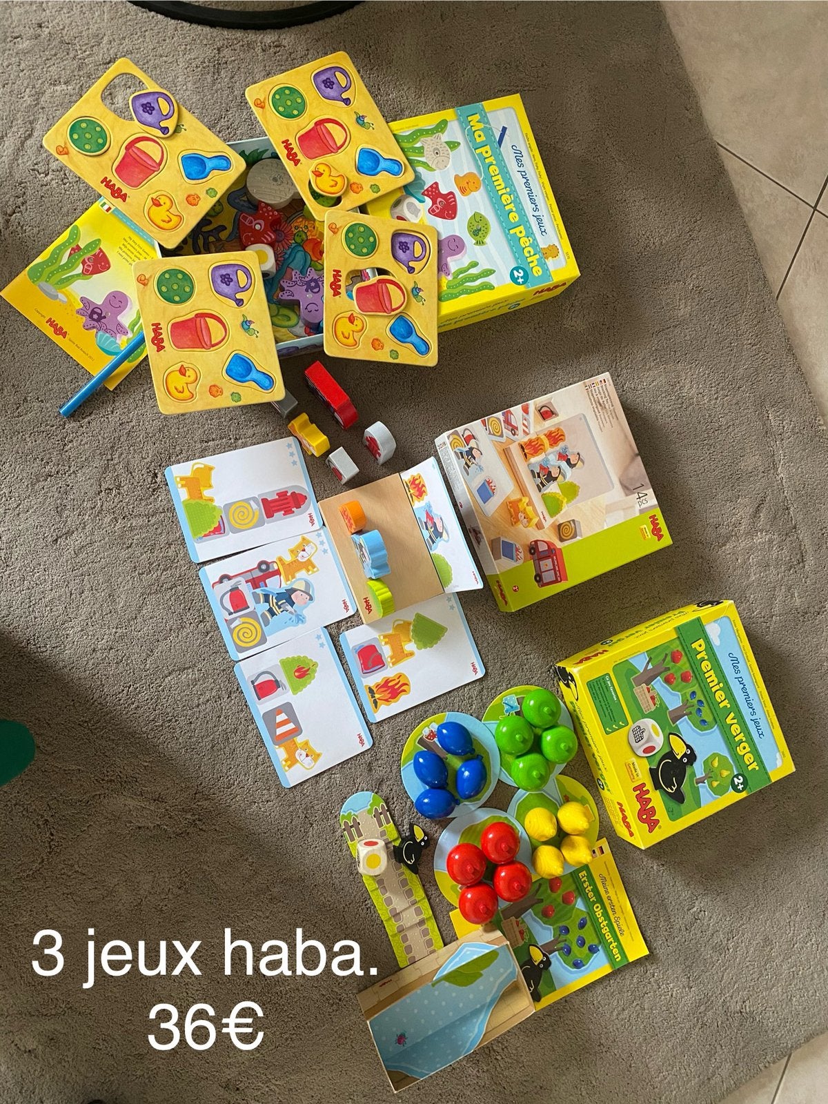 3 jeux en bois haba verger peche pompiers 3D, Enlèvement ou Envoi, Comme neuf