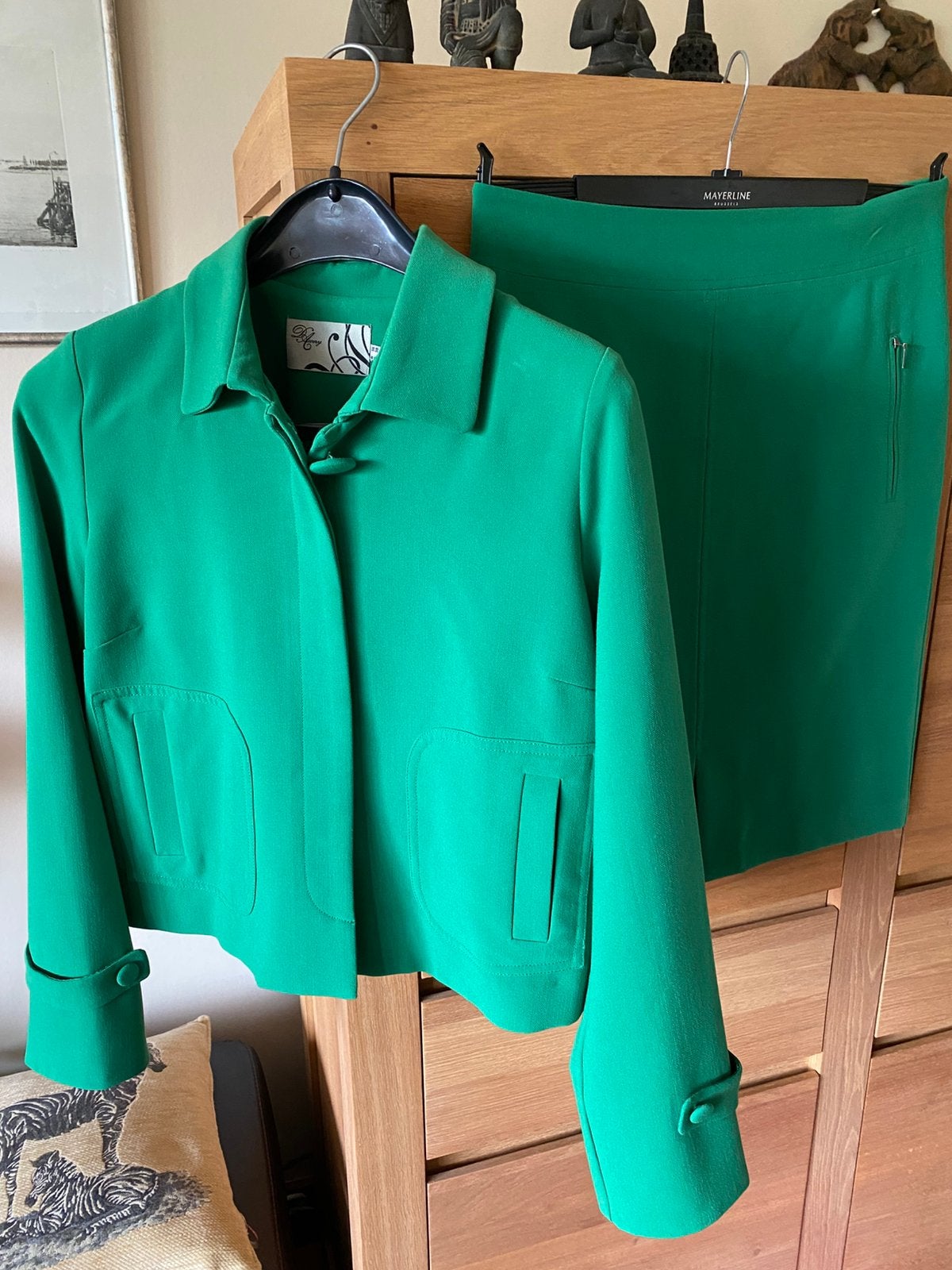 Groen damespak 2-delig | Blazer & rok | d’Aubry, maat 38, Ophalen of Verzenden, Zo goed als nieuw, Maat 38/40 (M), Groen