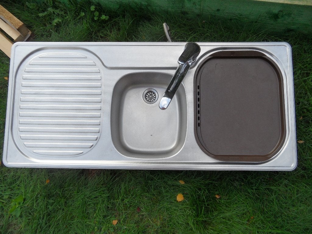Inbouw Inox (RVS) dubbele spoelbak met kraan ., Ophalen, Gebruikt, 100 tot 150 cm, 25 tot 50 cm