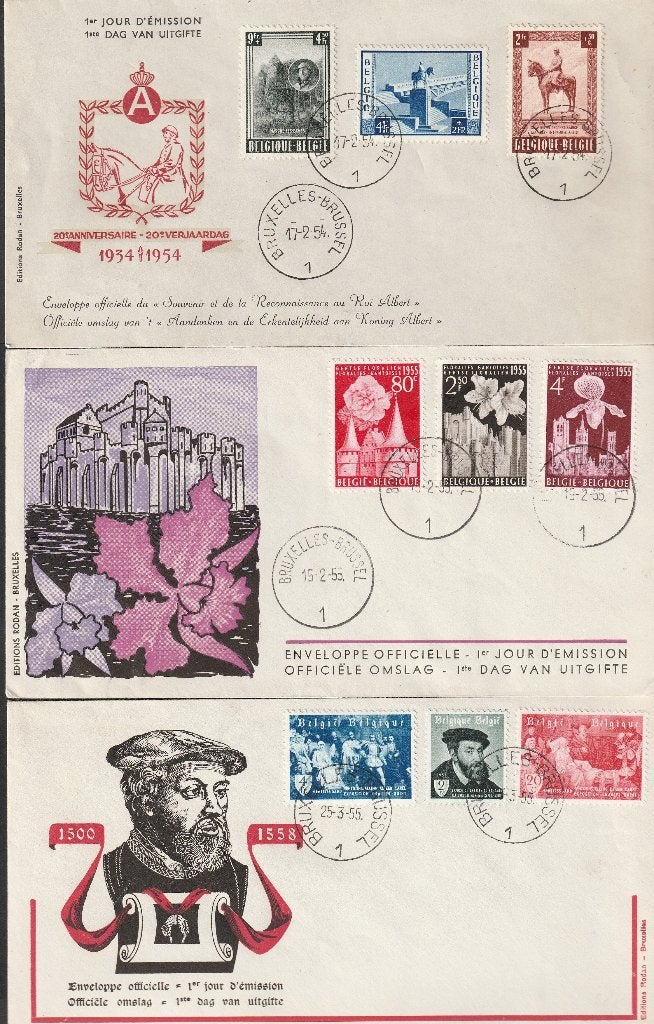 12 fdc's België 1954 / 1956, Postzegels en Munten, Met stempel, Verzenden, Gestempeld, 1e dag stempel