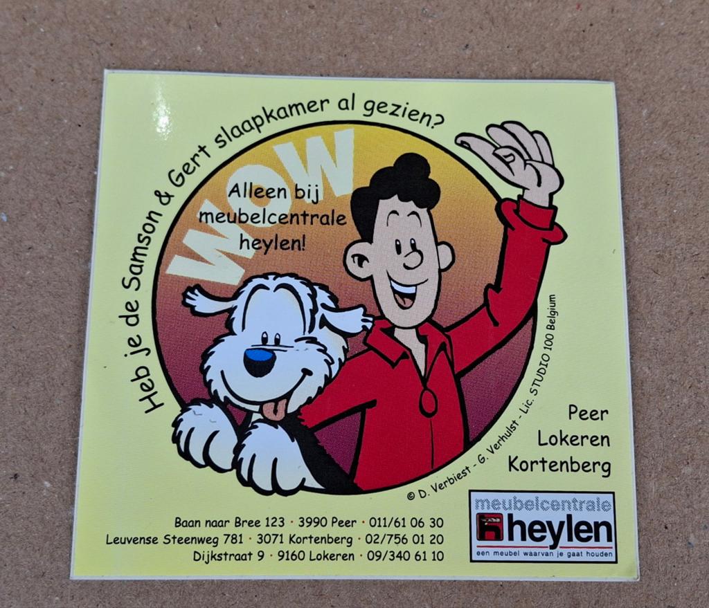 Vintage sticker Samson en Gert Studio 100 Heylen Peer, Verzamelen, Ophalen of Verzenden, Zo goed als nieuw, Film, Tv of Omroep