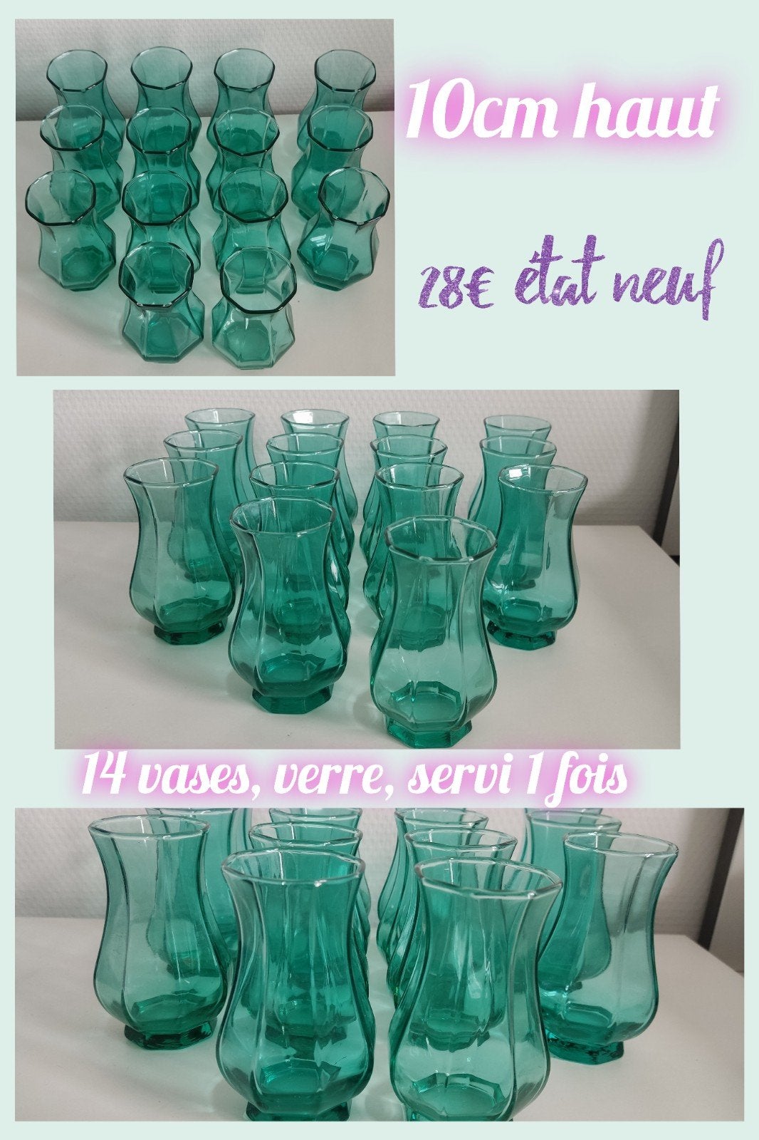 lot 14 vases vert en verre, Enlèvement ou Envoi, 10 cm, Comme neuf, Verre