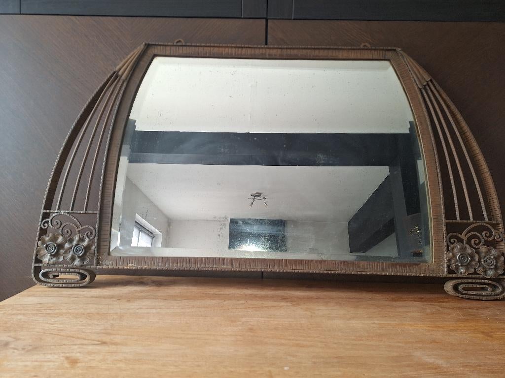 Très ancien miroir verre biseauté et acier, Enlèvement, Autres formes, 50 à 100 cm, Moins de 100 cm