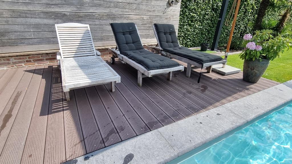 Teak zonnebedden, Tuin en Terras, Ophalen, Gebruikt, Teakhout, Stapelbaar