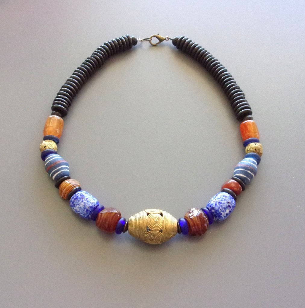 Blauwe ketting voor heren in agaat en Afrikaanse kralen, Blauw, Nieuw, Ophalen of Verzenden, Steen of Mineraal