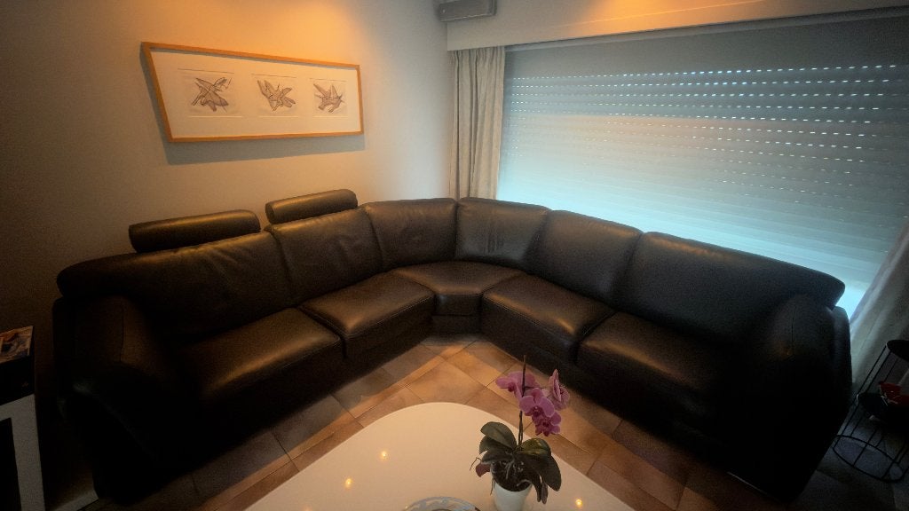 Canapé d'angle avec pouf en cuir, Maison & Meubles, Canapés | Sofas & Chaises Longues, Comme neuf, Cuir, Enlèvement