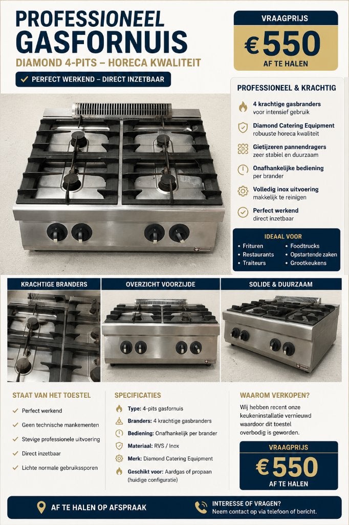Diamond professioneel 4-pits gasfornuis horeca, Zakelijke goederen, Ophalen, Gebruikt, Fornuis, Frituur en Grillen