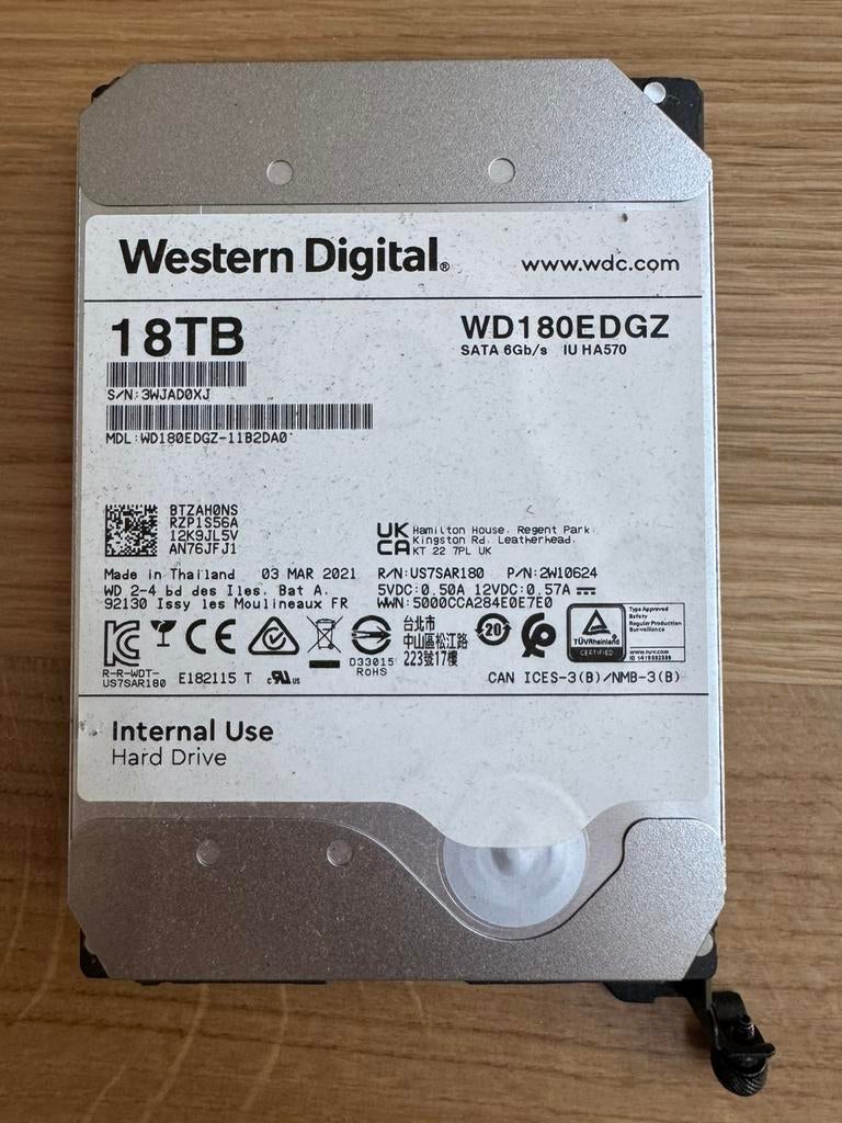Western Digital 18TB (WD180EDGZ) enterprise schijven, 18TB, Interne, Serveur, Enlèvement