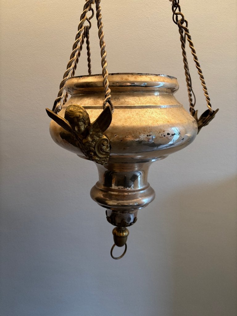 Antieke Godslamp met engelen - messing kerkhanglamp, Antiek en Kunst, Antiek | Religieuze voorwerpen, Ophalen