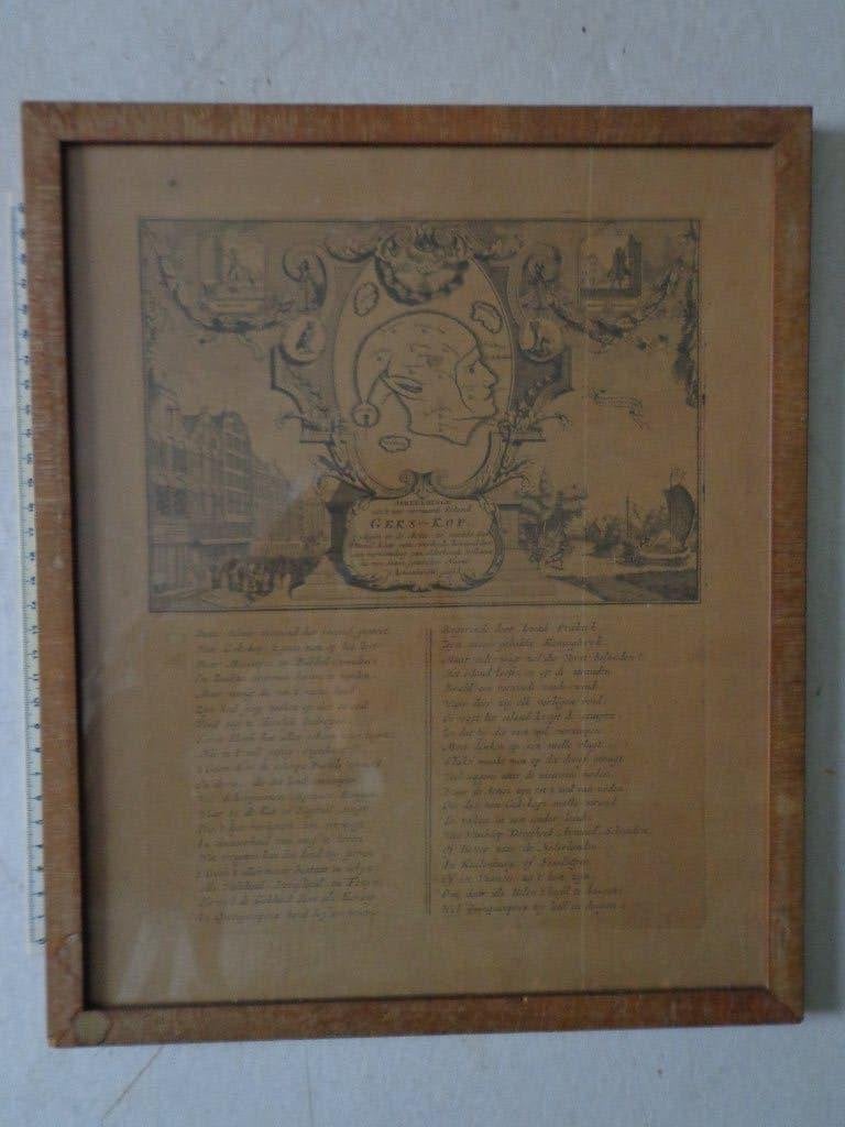 oude ets Afbeeldinge van 't zeer vermaarde eiland Geks-kop, Antiek en Kunst, Ophalen of Verzenden, Ets, Ingelijst, 1700 - 1799