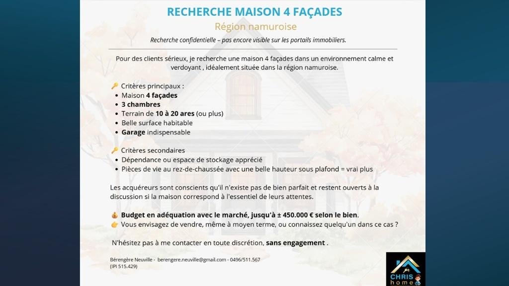 Recherche maison 4 façades dans le namurois
