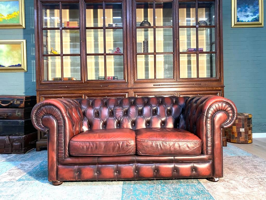 Prachtige Klassiek Chesterfield zetel roodbruin, Ophalen of Verzenden, Zo goed als nieuw, Leer