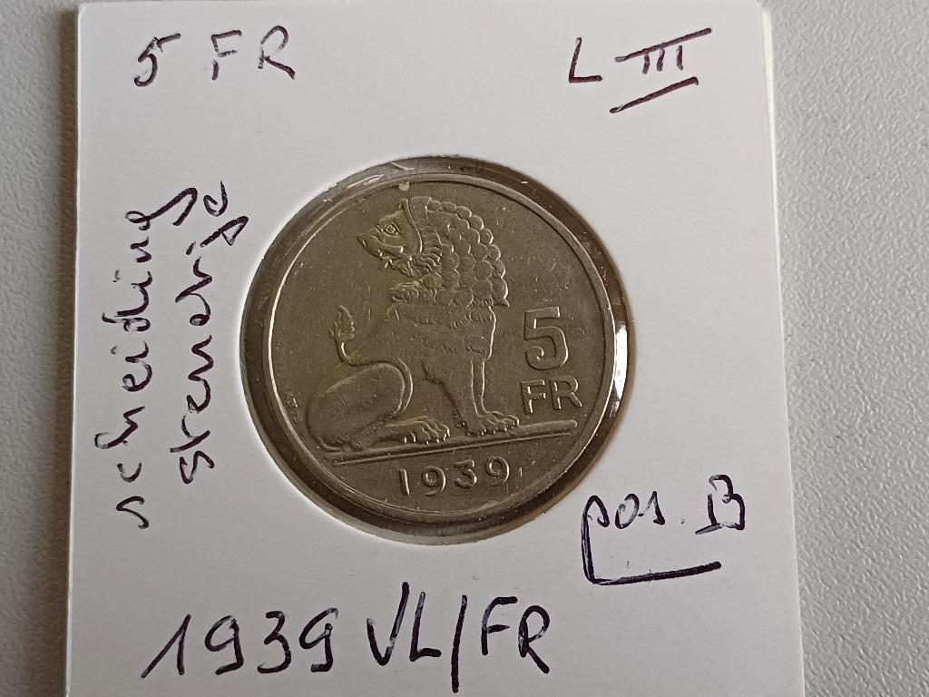 5 frank 1939 VL/FR (pos.B) ster Leopold III, Postzegels en Munten, Ophalen of Verzenden, Metaal, Losse munt