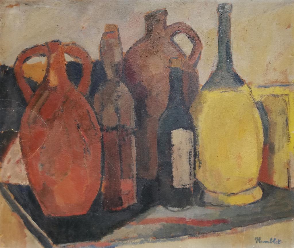 Theo Humblet - mooi stilleven met flessen en keramiek - 50s, Ophalen