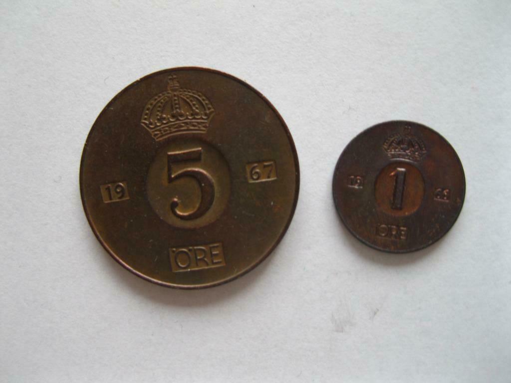 Zweden 1 Ore 1966 en 5 Ore 1967.Mooie verzamelmunten, Postzegels en Munten, Ophalen of Verzenden, Overige landen, Losse munt