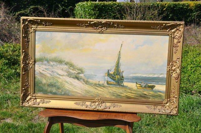 §  hsp marine bateau sur plage cadre bois doré, Enlèvement
