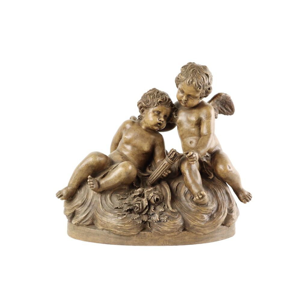 Antiek Beeld Sculptuur Terracotta Cherubijnen Putti 46cm, Enlèvement ou Envoi